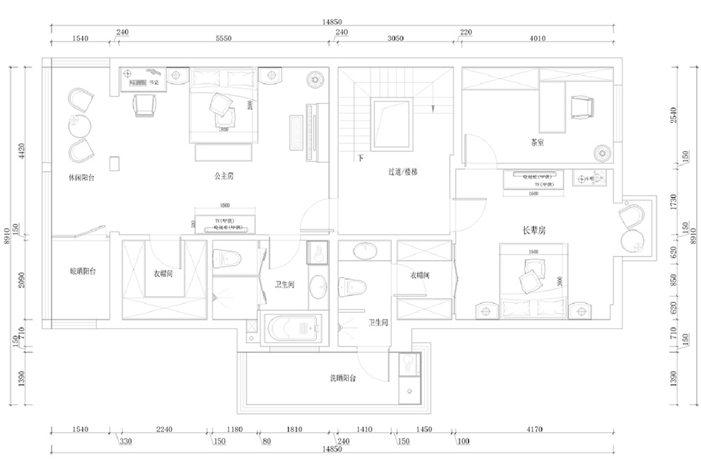 装修案例经典美式风格别墅18新利登录(中国)有限公司-二层布局图
